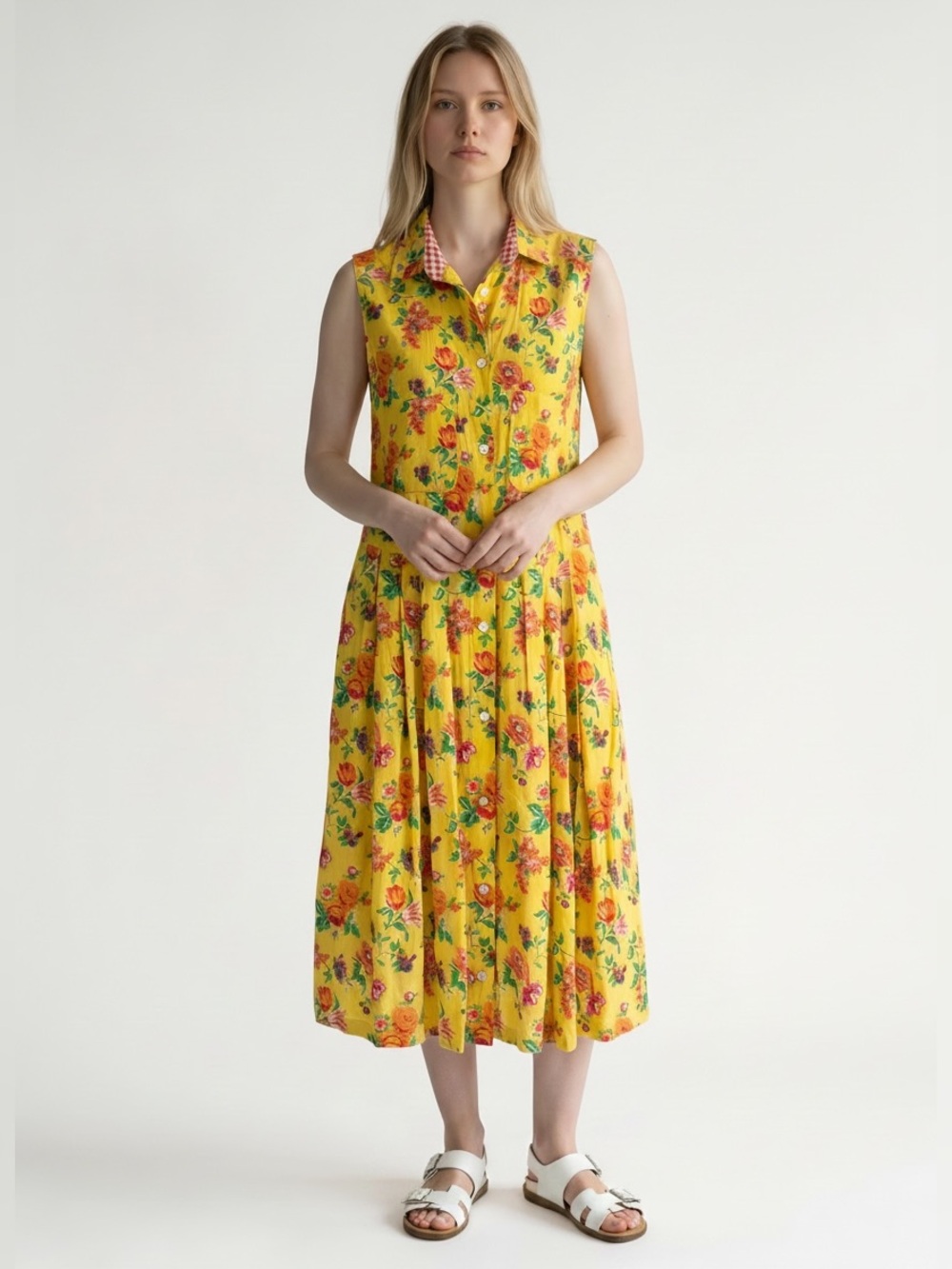 Vintage Oilily Yellow Floral Midi Dress Size S Button Front Cottage Prairie